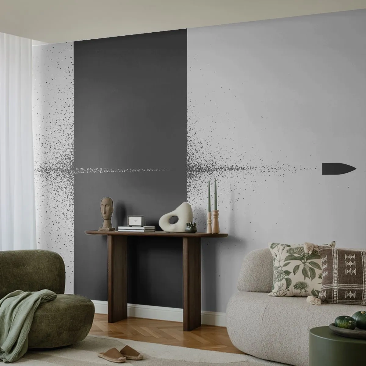 Fototapete Premium Sand - Direkt zum Ziel - Kugel, Schwarz und weiß, Abstraktion - 100x70 cm
