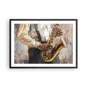 Poster in einem schwarzem Rahmen - Ein Musiker, der Saxophon in einem künstlerischen Stil spielt - 70x50cm - Zeit fürs Solo - Moderne Wanddekoration für Wohnzimmer und Schlafzimmer ARTTOR