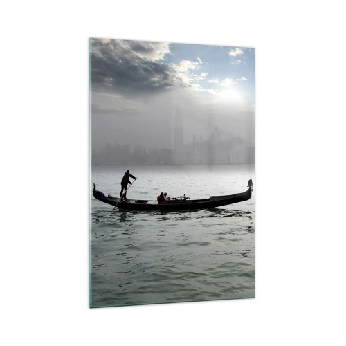 Glasbild - Bild auf glas - An einem nebligen Morgen gleitet eine Gondel über die Gewässer Venedigs und bietet einen Blick auf die Stadt. - 70x100cm - Eine fabelhafte Stadt aus Wasser und Nebel - Moderne Wanddekoration für Wohnzimmer und Schlafzimmer ARTTO