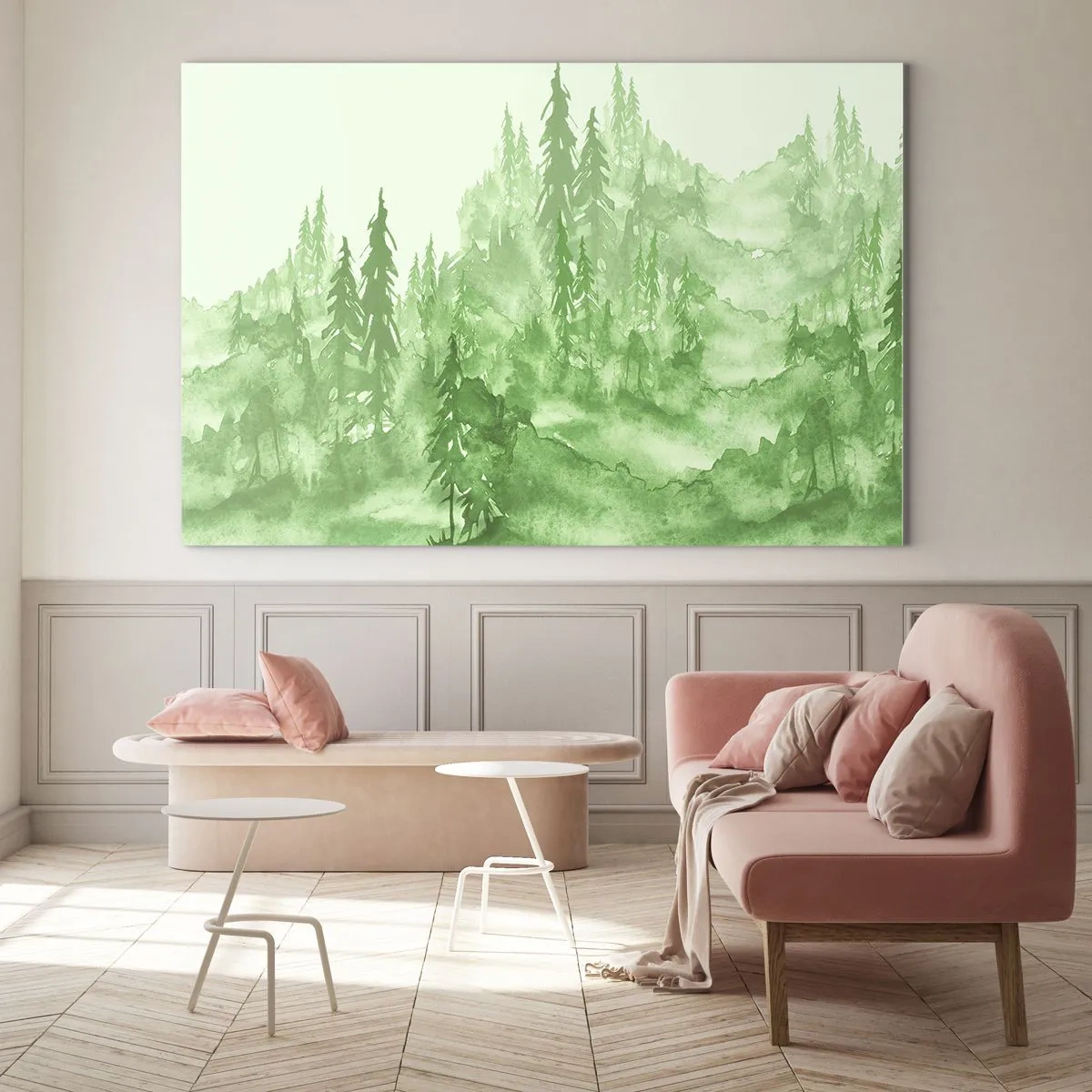 Glasbild - Bild auf glas - Grüner Wald im Aquarellstil - 100x70cm - Verschwommen mit grünem Nebel - Moderne Wanddekoration für Wohnzimmer und Schlafzimmer ARTTOR