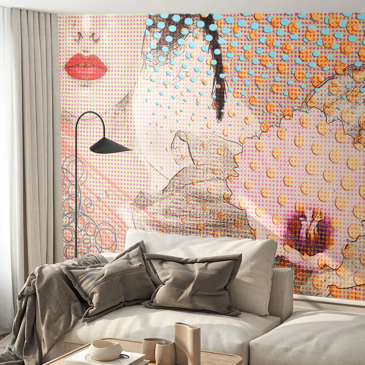 Fototapete Premium Sand - Pop-Art-Frauenporträt mit Orchideenmotiv - 100x70cm - Comic-Heldin - Moderne Wanddekoration für Wohnzimmer und Schlafzimmer ARTTOR
