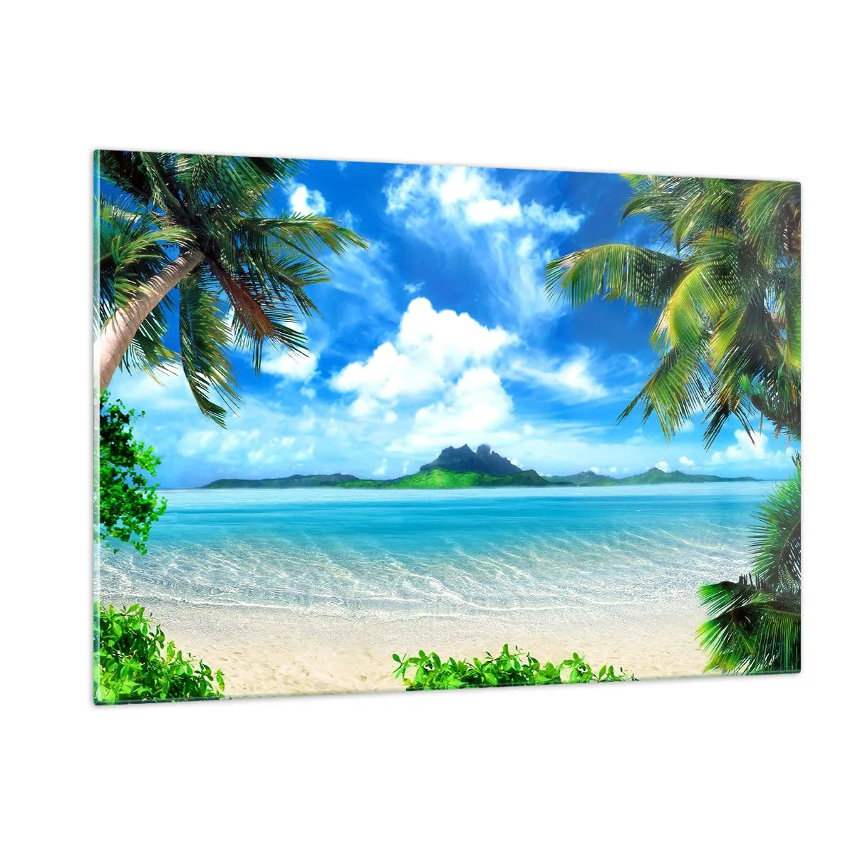 Glasbild - Bild auf glas - Ein tropischer Strand mit Palmen und Blick auf eine bergige Insel - 120x80cm - Das Azurblau der Tropen - Moderne Wanddekoration für Wohnzimmer und Schlafzimmer ARTTOR