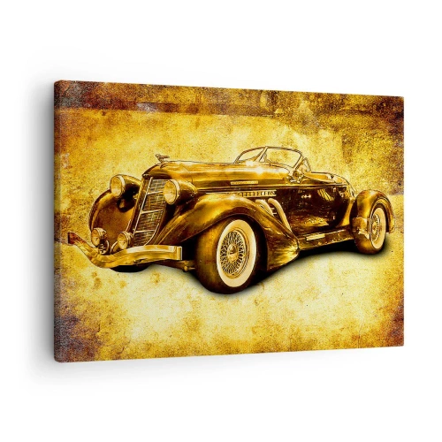 Bild auf Leinwand - Leinwandbild - Ein klassisches goldenes Retro-Cabrio vor einem Vintage-Hintergrund in warmen Farben. - 70x50cm - Elite der Elite - Moderne Wanddekoration für Wohnzimmer und Schlafzimmer ARTTOR