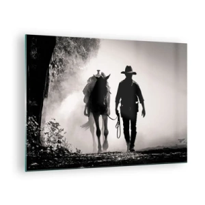 Glasbild - Bild auf glas - Silhouette eines Cowboys, der ein Pferd durch eine neblige Landschaft führt - 70x50cm - Texas-Morgen - Moderne Wanddekoration für Wohnzimmer und Schlafzimmer ARTTOR