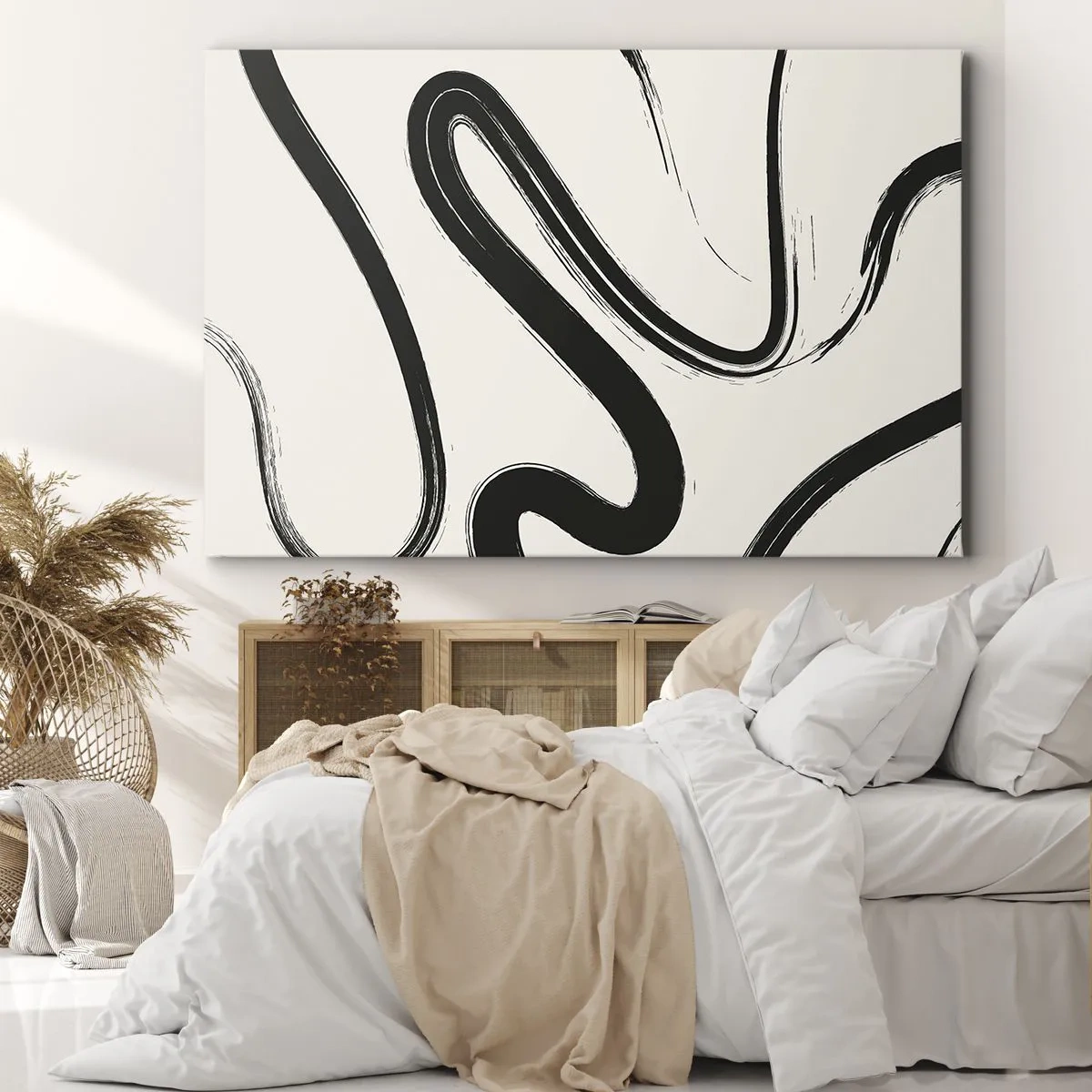 Bild auf Leinwand - Leinwandbild - Schwarz-weiße geschwungene Linien auf hellem Hintergrund - 100x70cm - Schwarz-Weiß-Laune - Moderne Wanddekoration für Wohnzimmer und Schlafzimmer ARTTOR