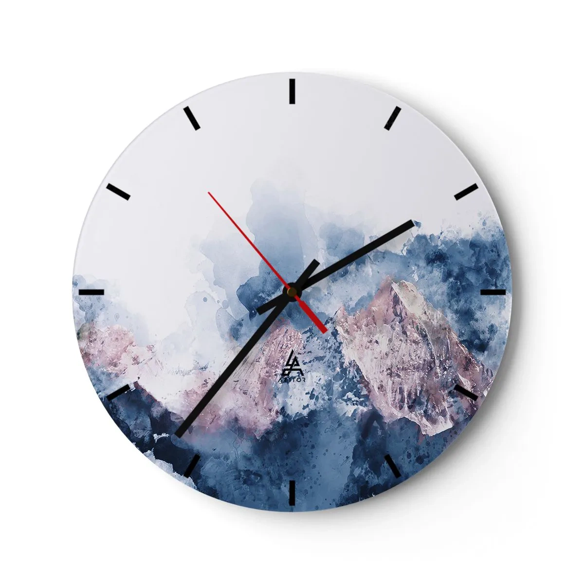 Wanduhr - Glasuhr - Eine malerische Darstellung von Bergen in Blau- und Rosatönen. - 30x30cm - Das sind die Spitzen! - Moderne Wanddekoration für Wohnzimmer, Küche und Schlafzimmer ARTTOR