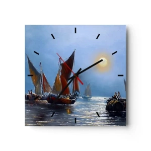 Wanduhr - Glasuhr - Boote mit Segeln auf ruhigem Wasser bei Sonnenuntergang - 30x30cm - Nachtfang - Moderne Wanddekoration für Wohnzimmer und Schlafzimmer ARTTOR