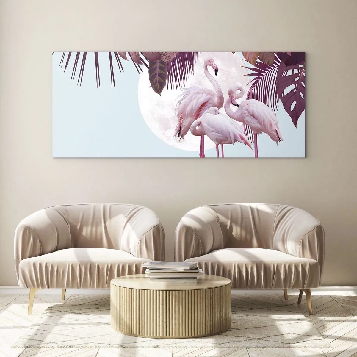 Glasbild - Bild auf glas - Rosa Flamingos vor dem Hintergrund des Mondes und tropischer Blätter - 160x50cm - Drei Vogelgnaden - Moderne Wanddekoration für Wohnzimmer und Schlafzimmer ARTTOR