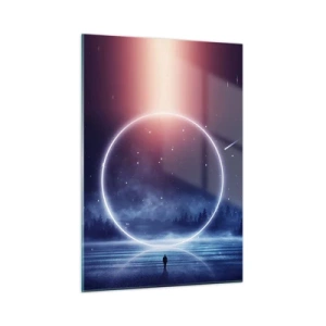 Glasbild - Bild auf glas - Ein Lichtkreis über dem See zwischen Nachthimmel und Wald - 50x70cm - Sie sind schon da ... - Moderne Wanddekoration für Wohnzimmer und Schlafzimmer ARTTOR