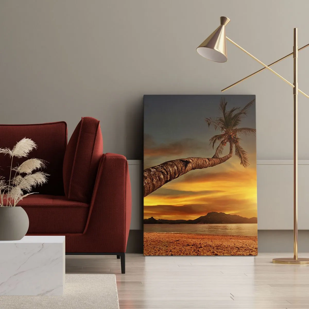Bild auf Leinwand - Leinwandbild - Palme am Strand bei Sonnenuntergang mit Blick auf das Meer - 50x70cm - Exotischer Urlaub, karibisches Abenteuer - Moderne Wanddekoration für Wohnzimmer und Schlafzimmer ARTTOR