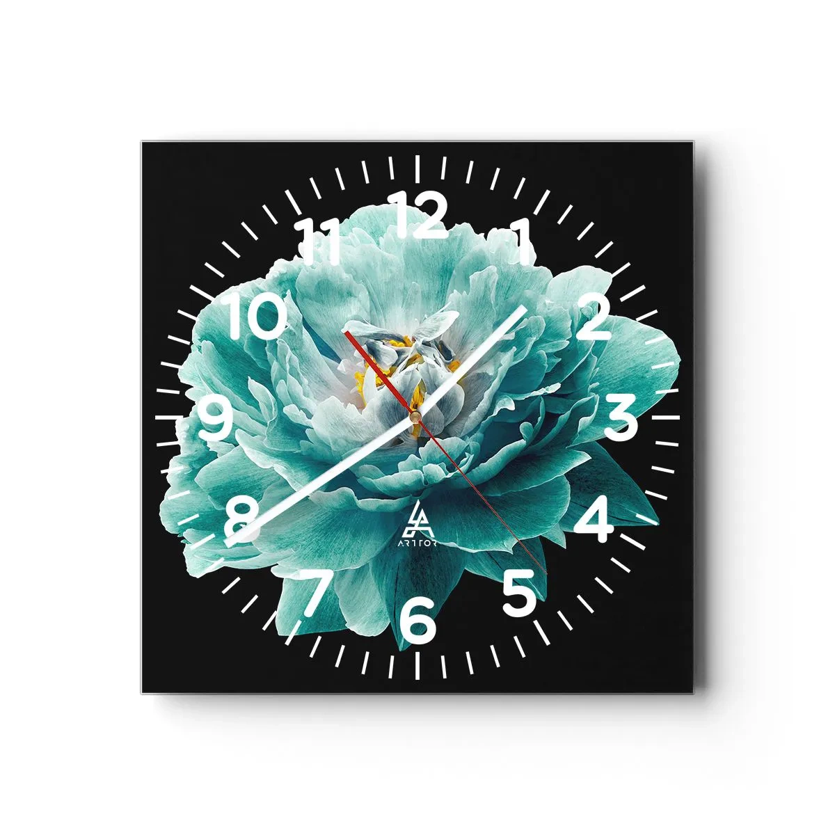 Wanduhr - Glasuhr - Blaue und goldene Blütenblätter - 30x30 cm