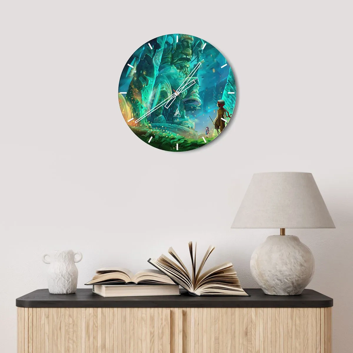 Wanduhr - Glasuhr - Eine fantastische Landschaft mit Figuren und Totems - 30x30cm - Aus dem großen Märchenbuch - Moderne Wanddekoration für Wohnzimmer, Küche und Schlafzimmer ARTTOR