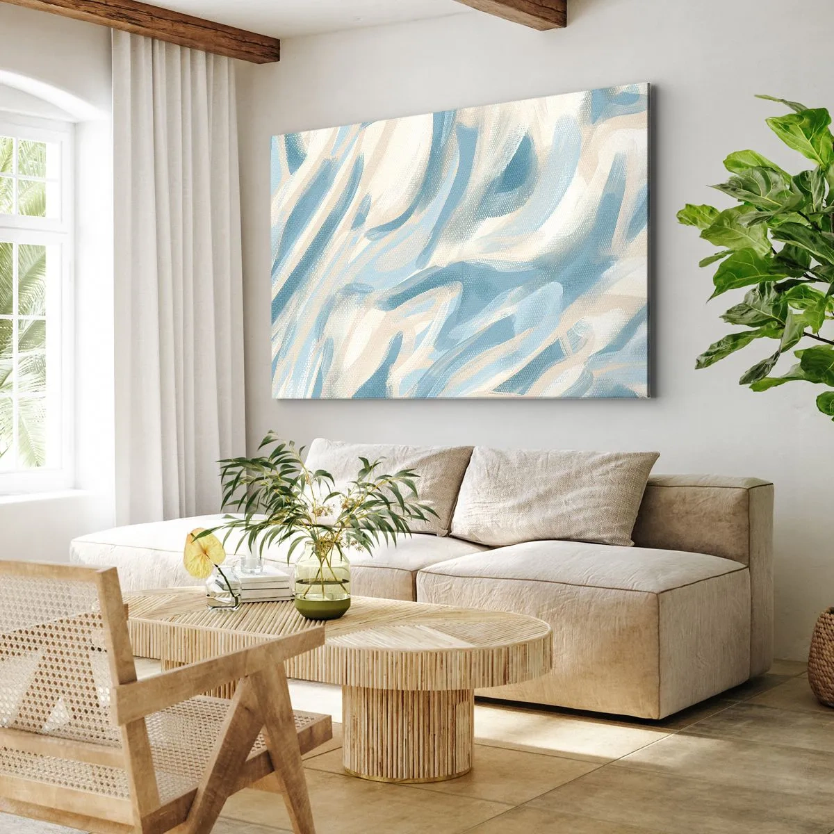 Bild auf Leinwand - Leinwandbild - Abstrakte blaue Streifen auf hellem Hintergrund - 70x50cm - Frühlingsbrisen - Moderne Wanddekoration für Wohnzimmer und Schlafzimmer ARTTOR