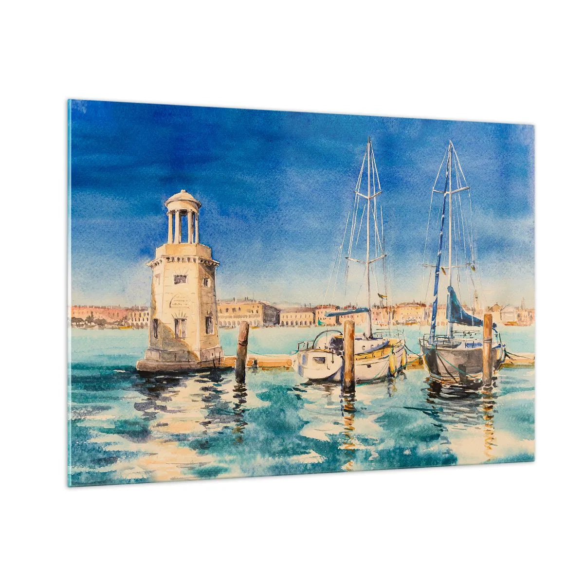 Glasbild - Bild auf glas - Aquarell-Jachthafen mit Leuchtturm und festgemachten Yachten - 100x70cm - Sonnige Lagune - Moderne Wanddekoration für Wohnzimmer und Schlafzimmer ARTTOR