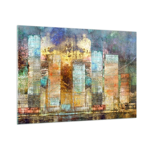 Glasbild - Bild auf glas - Farbenfrohes abstraktes Panorama der Wolkenkratzer der Stadt im künstlerischen Stil - 100x70cm - Sonnige Metropole - Moderne Wanddekoration für Wohnzimmer und Schlafzimmer ARTTOR