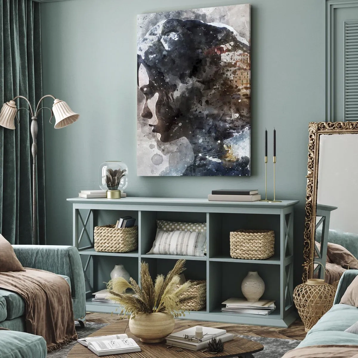 Bild auf Leinwand - Leinwandbild - Porträt einer Frau, die ihr Gesicht mit einer Stadtlandschaft im Hintergrund kombiniert - 50x70cm - Eine Geschichte über ein Mädchen mit einer Stadt im Hintergrund - Moderne Wanddekoration für Wohnzimmer und Schlafzimmer