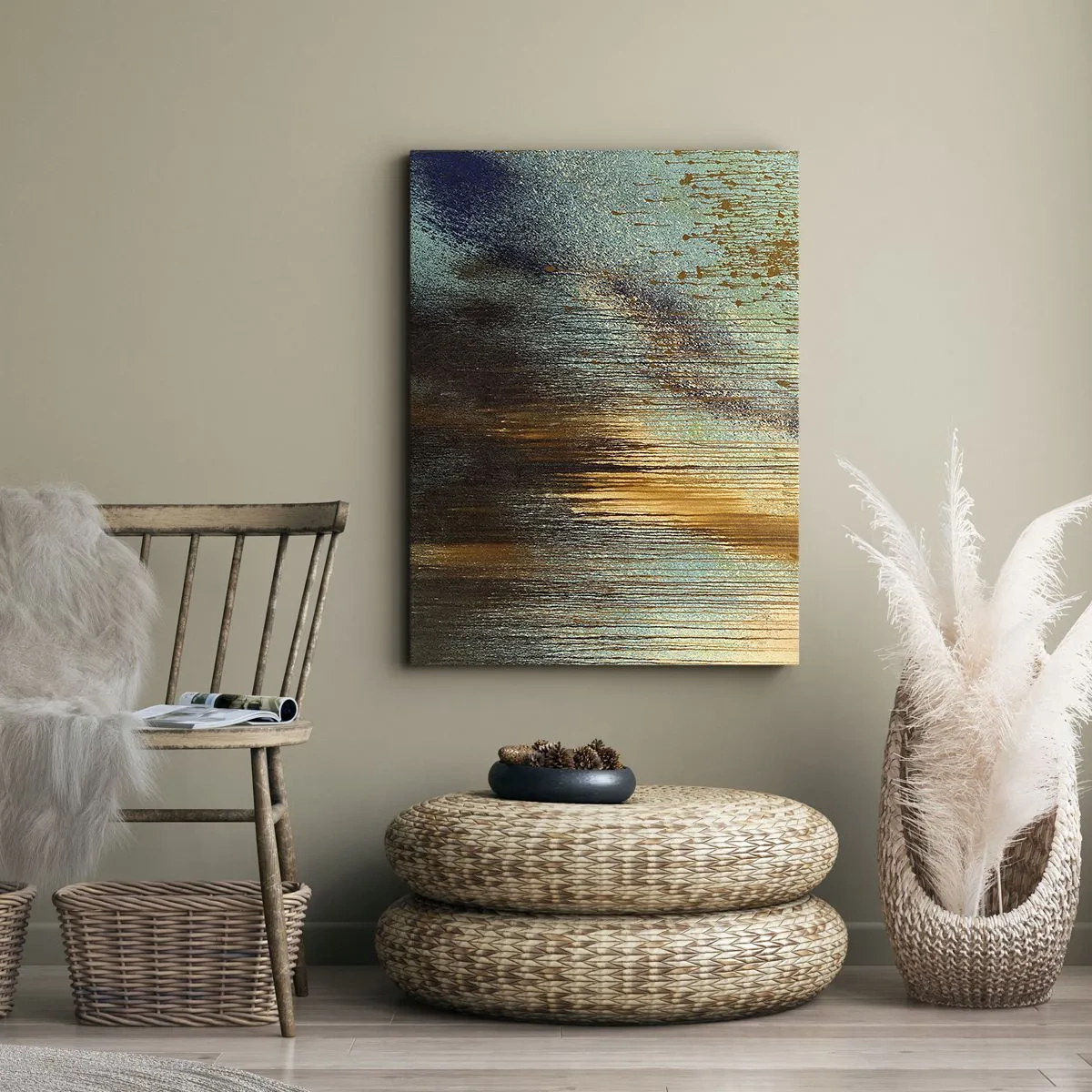 Bild auf Leinwand - Leinwandbild - Eine abstrakte Farbkomposition in Gold-, Braun- und Blautönen. - 50x70cm - Eine nicht zufällige farbenfrohe Komposition - Moderne Wanddekoration für Wohnzimmer und Schlafzimmer ARTTOR
