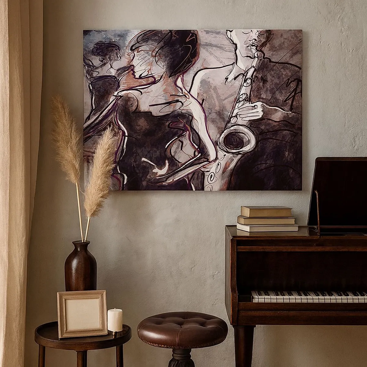 Bild auf Leinwand - Leinwandbild - Abstrakte Jazzszene mit einem Saxophonisten und einer tanzenden Frau. - 70x50cm - In der Musik auflösen - Moderne Wanddekoration für Wohnzimmer und Schlafzimmer ARTTOR