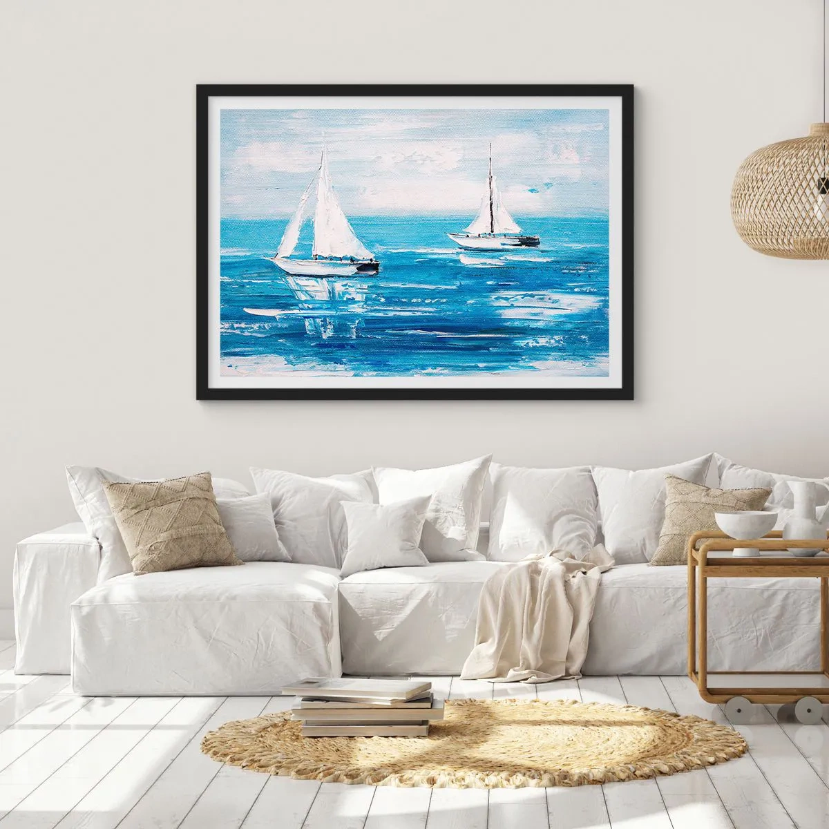 Poster in einem schwarzem Rahmen - Yachten auf dem blauen Meer im künstlerischen Stil - 70x50cm - Mit Freund an der Seite - Moderne Wanddekoration für Wohnzimmer und Schlafzimmer ARTTOR