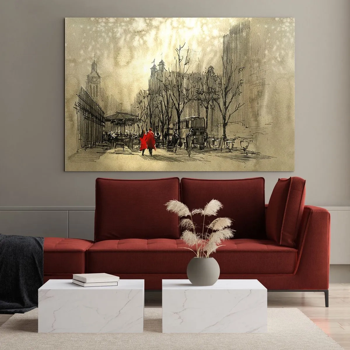 Glasbild - Bild auf glas - Ein Date im Londoner Nebel mit einem roten Mantel-Akzent - 70x50cm - Ein Date im Londoner Nebel - Moderne Wanddekoration für Wohnzimmer und Schlafzimmer ARTTOR
