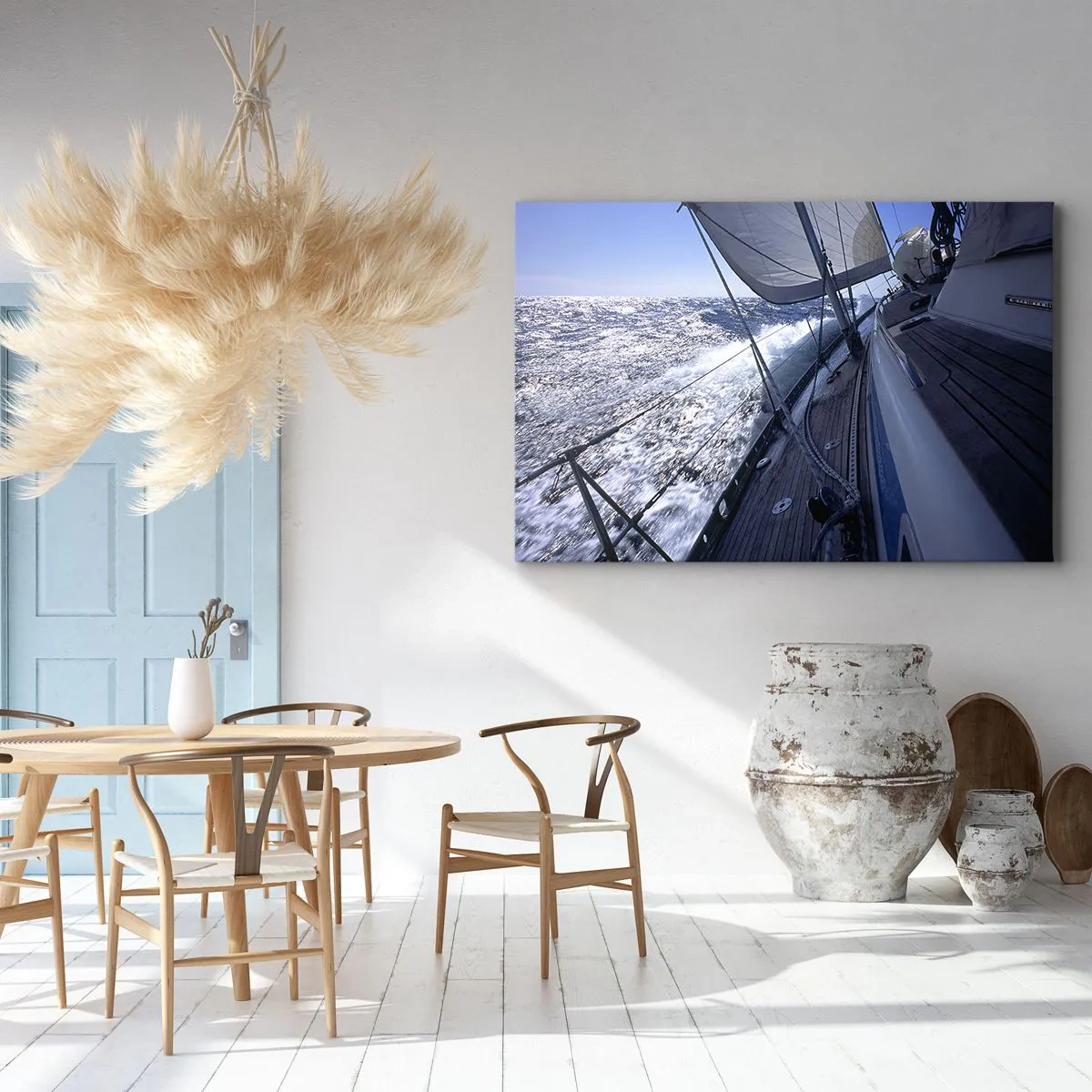 Bild auf Leinwand - Leinwandbild - Ein Segelboot in stürmischer See mit weißen Segeln und einem Holzdeck. - 120x80cm - Ich weiß was es heißt ein Vogel zu sein - Moderne Wanddekoration für Wohnzimmer und Schlafzimmer ARTTOR