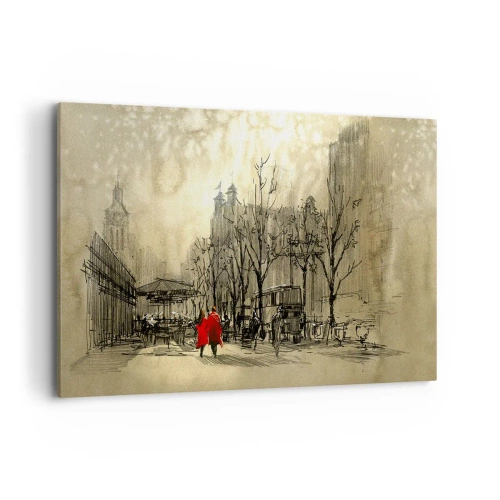 Bild auf Leinwand - Leinwandbild - Eine rote Figur in einer nostalgischen urbanen Umgebung - 120x80cm - Ein Date im Londoner Nebel - Moderne Wanddekoration für Wohnzimmer und Schlafzimmer ARTTOR