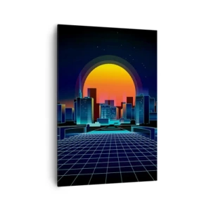 Bild auf Leinwand - Leinwandbild - Futuristische Skyline im Neon-Stil - 70x100cm - Willst du immer noch zu Real gehen? - Moderne Wanddekoration für Wohnzimmer und Schlafzimmer ARTTOR