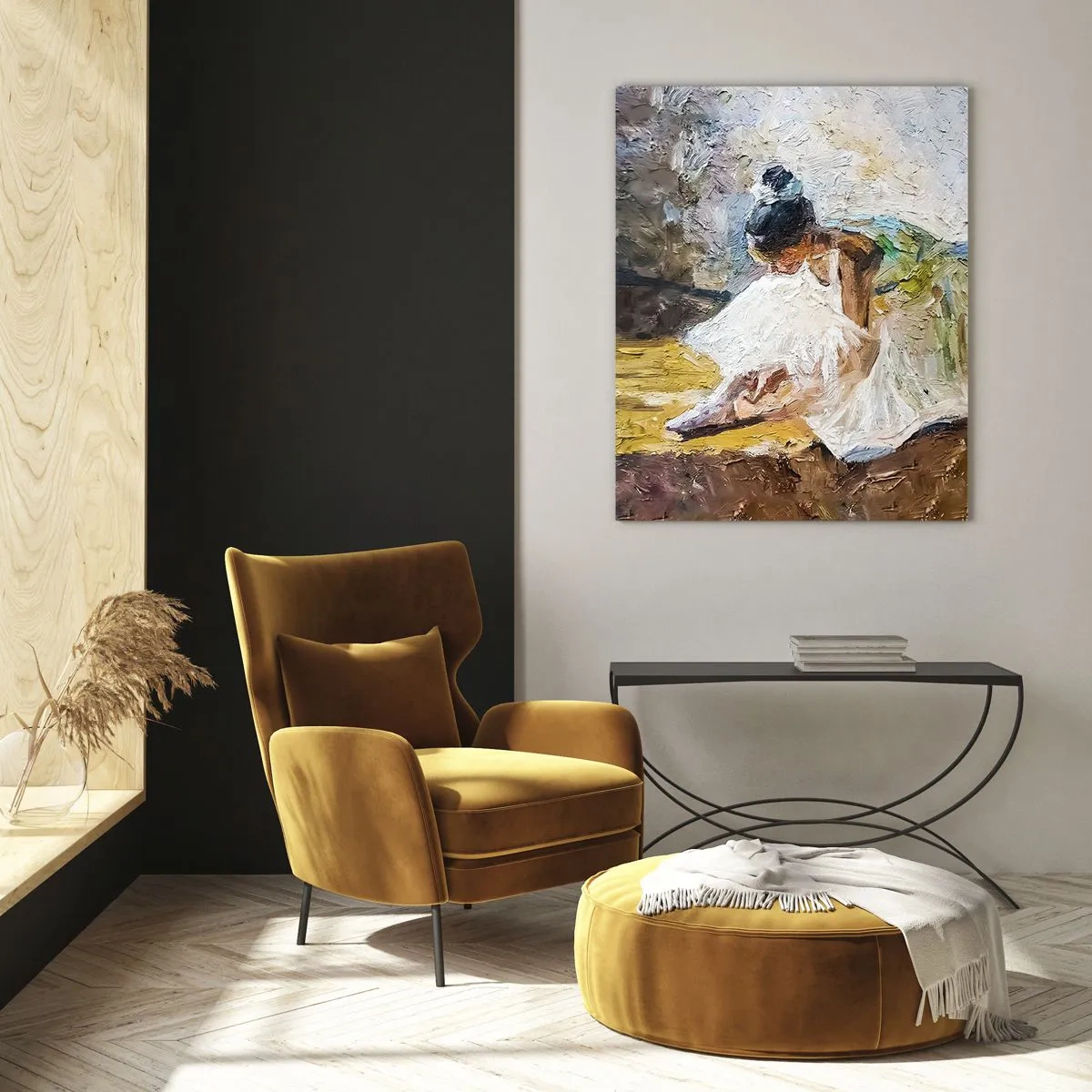 Glasbild - Bild auf glas - Eine nach vorne gebeugte Ballerina in einem weißen Kleid, das mit einer Öltextur bemalt ist - 50x70cm - Aus einem Gemälde von Degas - Moderne Wanddekoration für Wohnzimmer und Schlafzimmer ARTTOR