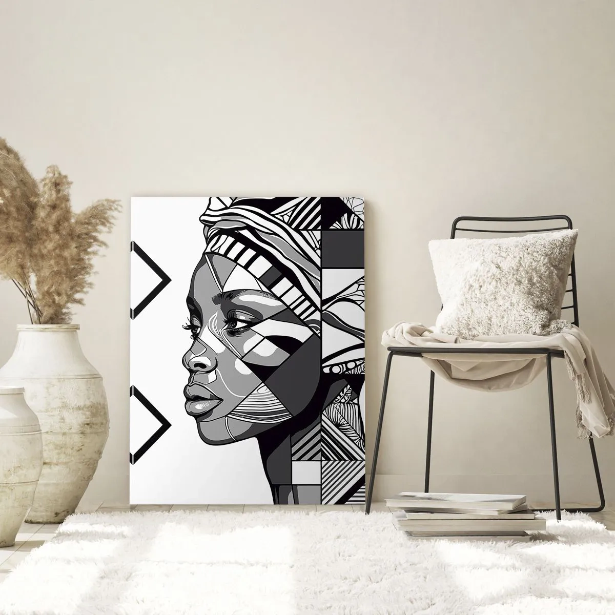 Glasbild - Bild auf glas - Schwarz-weißes ethnisches Porträt einer Frau mit geometrischen Mustern - 50x70cm - Ethnisches Porträt - Moderne Wanddekoration für Wohnzimmer und Schlafzimmer ARTTOR