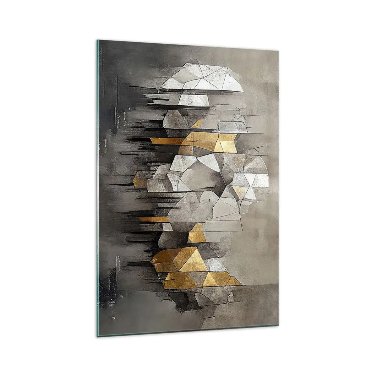 Glasbild - Bild auf glas - Geometrische Abstraktion in Gold- und Grautönen - 80x120cm - Komposition aus Eis und Licht - Moderne Wanddekoration für Wohnzimmer und Schlafzimmer ARTTOR