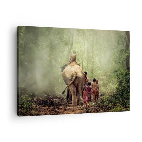 Bild auf Leinwand - Leinwandbild - Kinder mit einem Elefanten in einem grünen Wald im Morgenlicht - 70x50cm - Neues Dschungelbuch - Moderne Wanddekoration für Wohnzimmer und Schlafzimmer ARTTOR