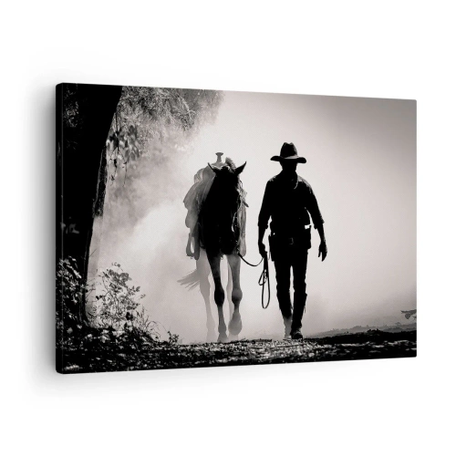 Bild auf Leinwand - Leinwandbild - Cowboy mit Pferd im Morgennebel - 70x50cm - Texas-Morgen - Moderne Wanddekoration für Wohnzimmer und Schlafzimmer ARTTOR