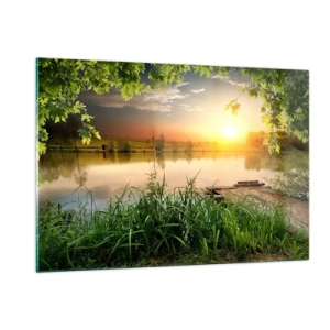 Glasbild - Bild auf glas - Landschaft mit einem von Grün umgebenen See bei Sonnenuntergang - 120x80cm - Landschaft in einem grünen Rahmen - Moderne Wanddekoration für Wohnzimmer und Schlafzimmer ARTTOR