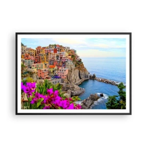 Poster in einem schwarzem Rahmen - Bunte Häuser auf einer Klippe mit Blick auf das Meer in einer malerischen Landschaft - 100x70cm - Lachende Stadt - Moderne Wanddekoration für Wohnzimmer und Schlafzimmer ARTTOR