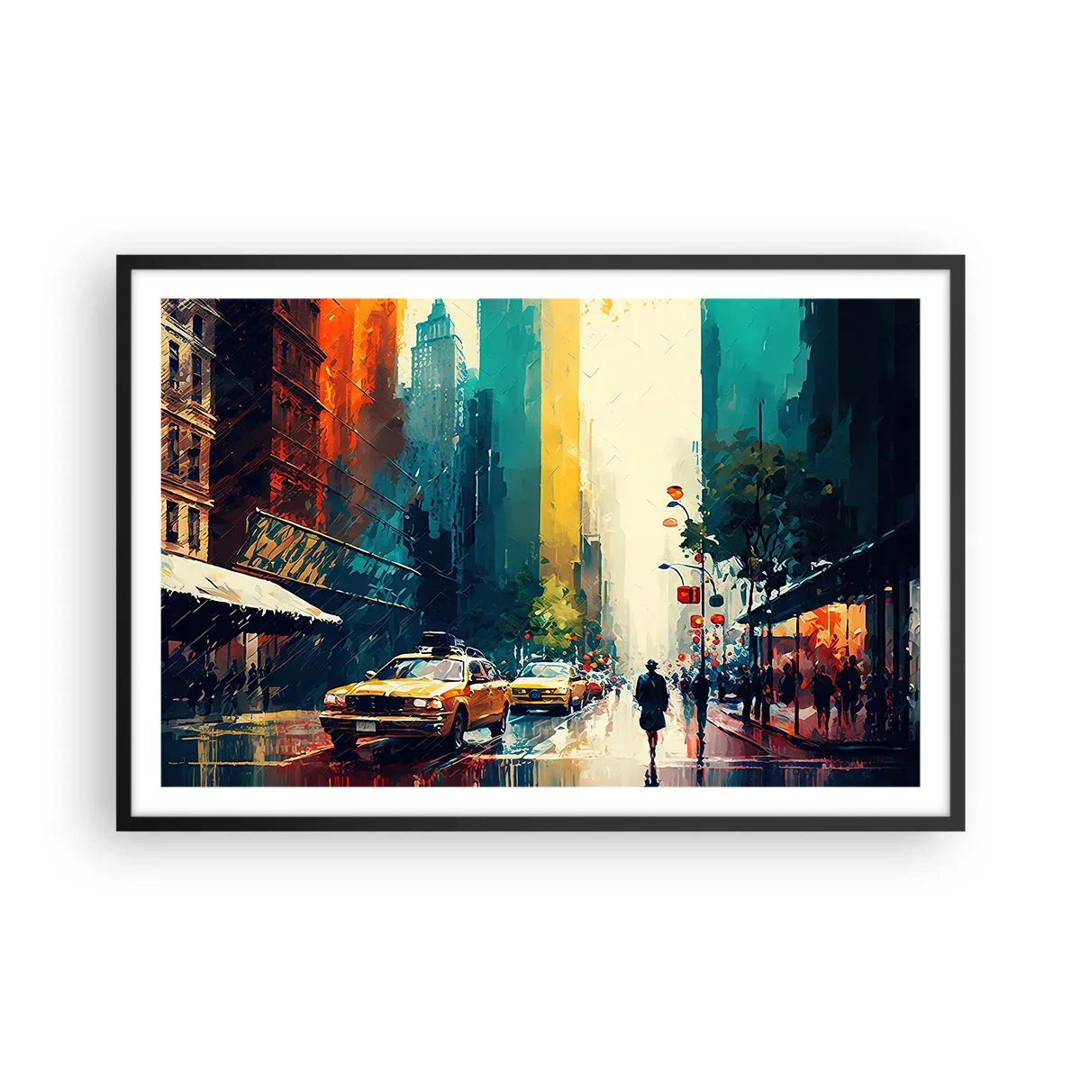 Poster in einem schwarzem Rahmen - New York – selbst der Regen ist hier bunt - 91x61 cm