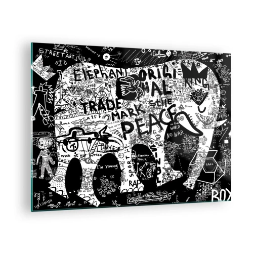 Glasbild - Bild auf glas - Schwarz-weißes Graffiti-Bild mit Themen wie Frieden und Freiheit - 70x50cm - Reiche Straßenwelt - Moderne Wanddekoration für Wohnzimmer und Schlafzimmer ARTTOR
