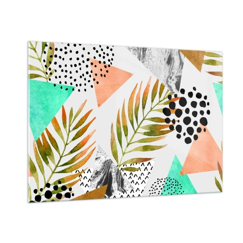 Glasbild - Bild auf glas - Geometrische Formen und Blätter in Pastellfarben - 100x70cm - Dekoration mit Palmblatt - Moderne Wanddekoration für Wohnzimmer und Schlafzimmer ARTTOR