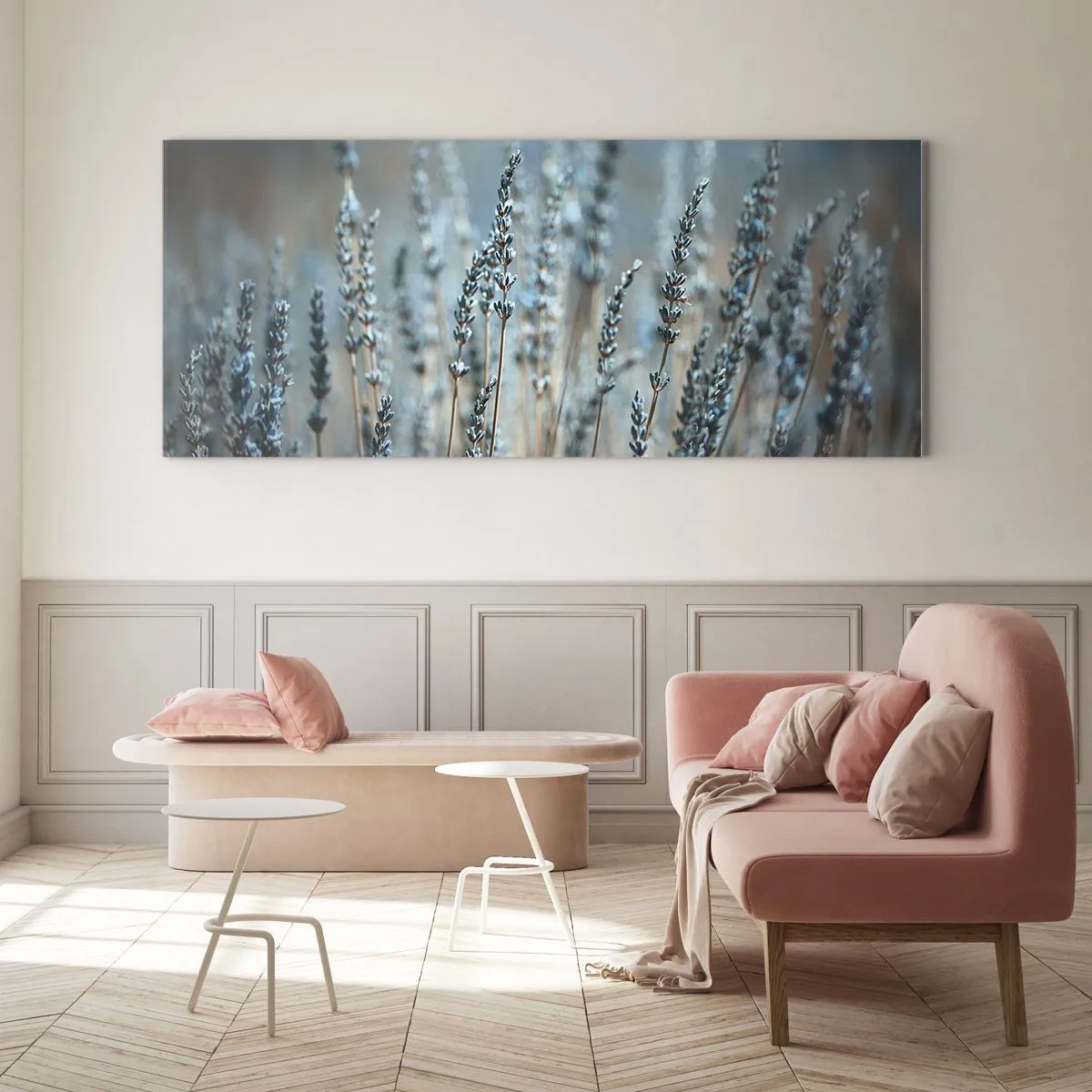 Glasbild - Bild auf glas - Lavendel im Feld in dezenten Pastelltönen - 120x50cm - Duftendes Kornfeld - Moderne Wanddekoration für Wohnzimmer und Schlafzimmer ARTTOR