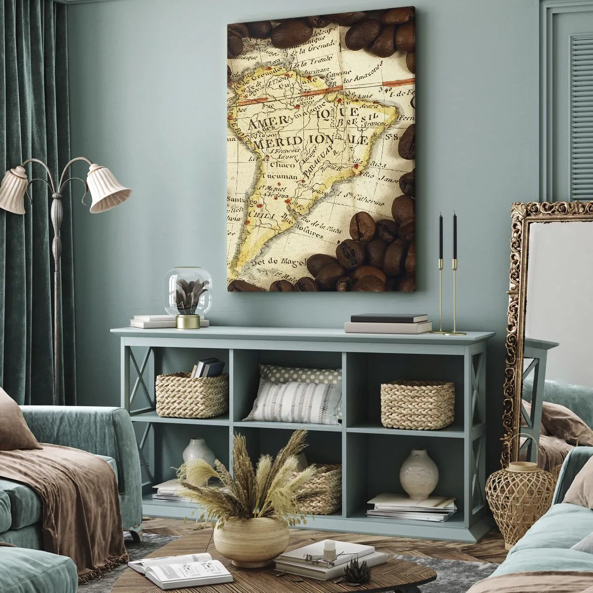 Bild auf Leinwand - Leinwandbild - Eine Karte von Südamerika, umgeben von Kaffeebohnen. - 50x70cm - Woher kommt der beste Kaffee? - Moderne Wanddekoration für Wohnzimmer und Schlafzimmer ARTTOR