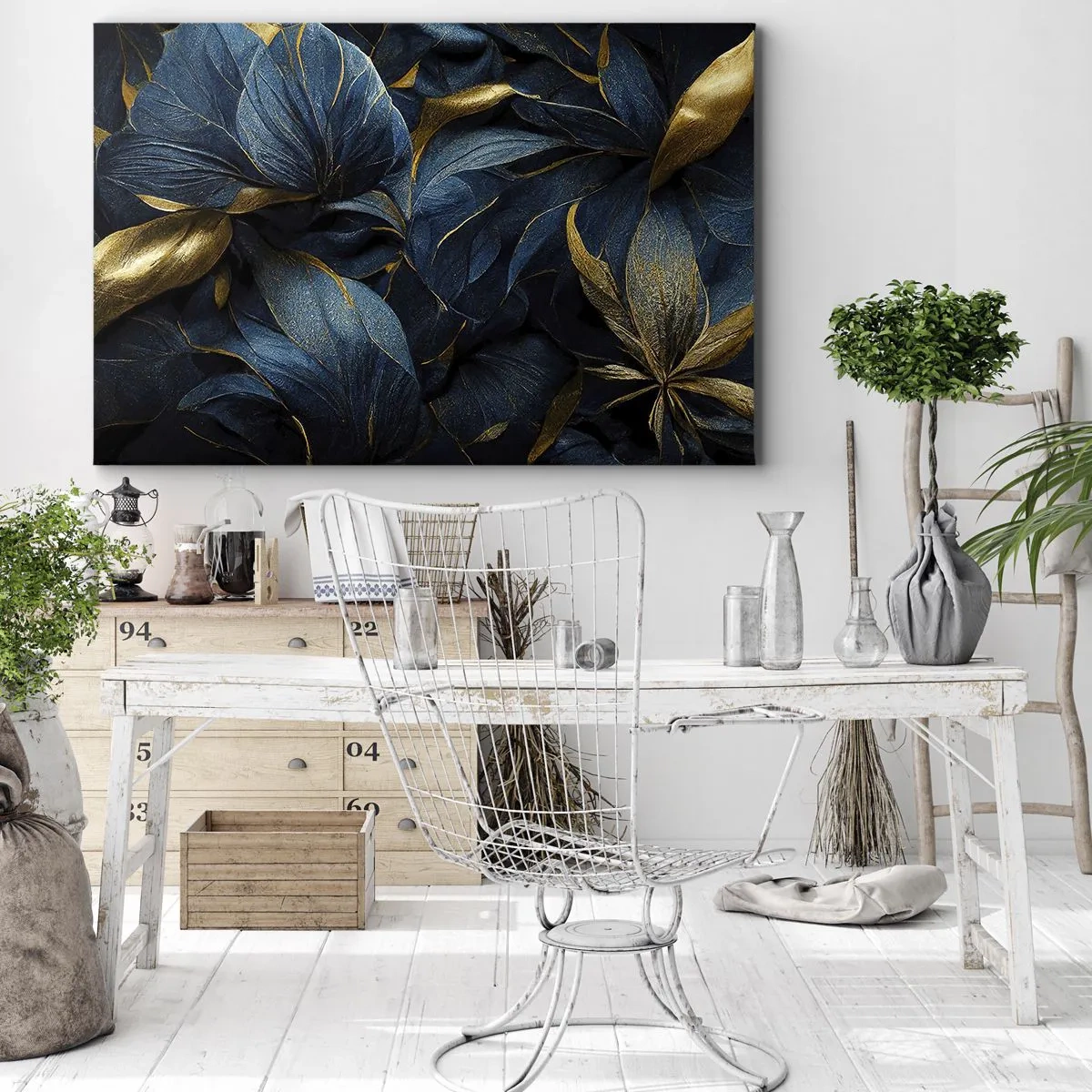 Bild auf Leinwand - Leinwandbild - Elegante Blätter in Gold- und Marineblautönen - 70x50cm - Mit Gold gefüttert - Moderne Wanddekoration für Wohnzimmer und Schlafzimmer ARTTOR