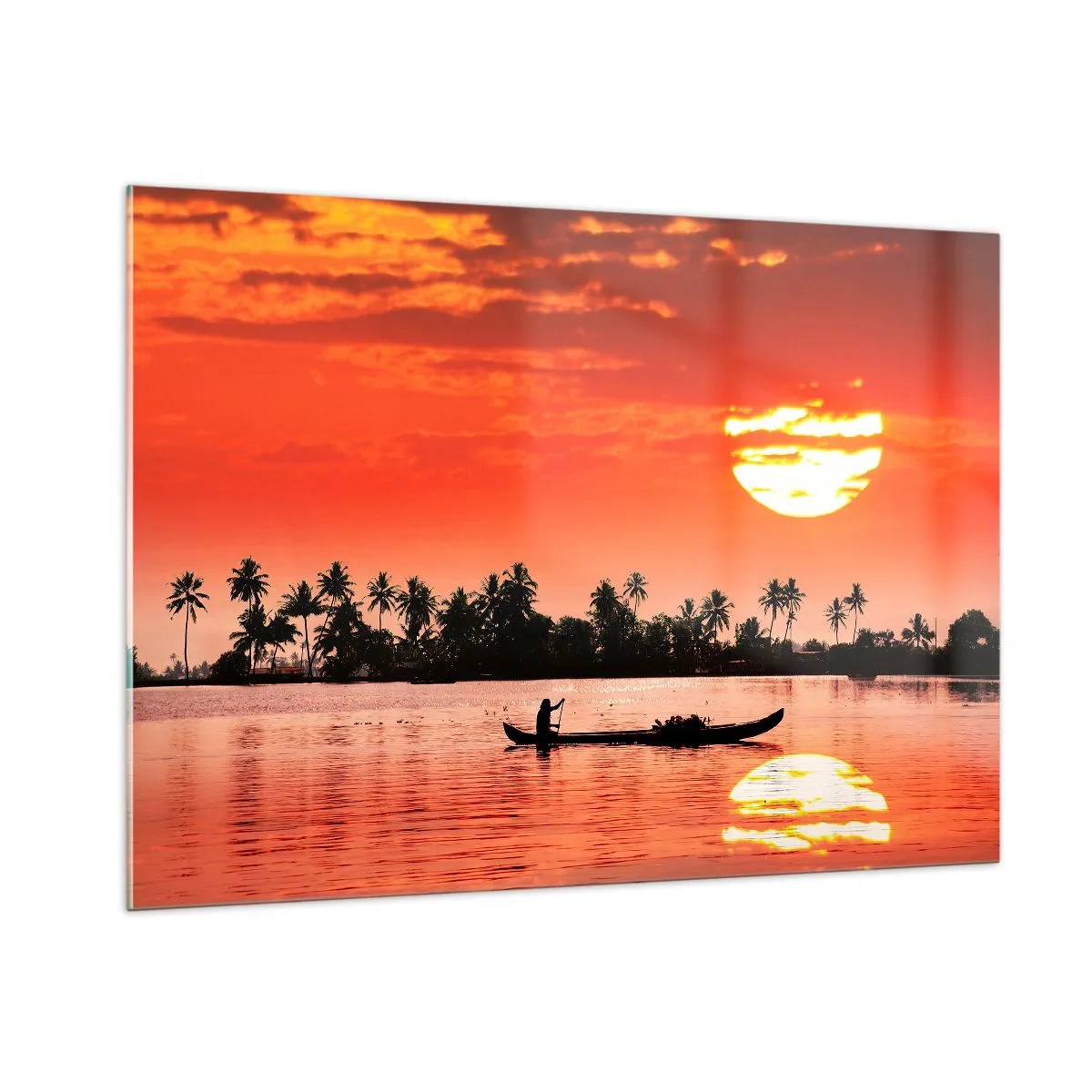 Glasbild - Bild auf glas - Sonnenuntergang über dem Fluss mit Palmen und einem Boot - 100x70cm - Die Ruhe der Tropen bei Sonnenuntergang - Moderne Wanddekoration für Wohnzimmer und Schlafzimmer ARTTOR