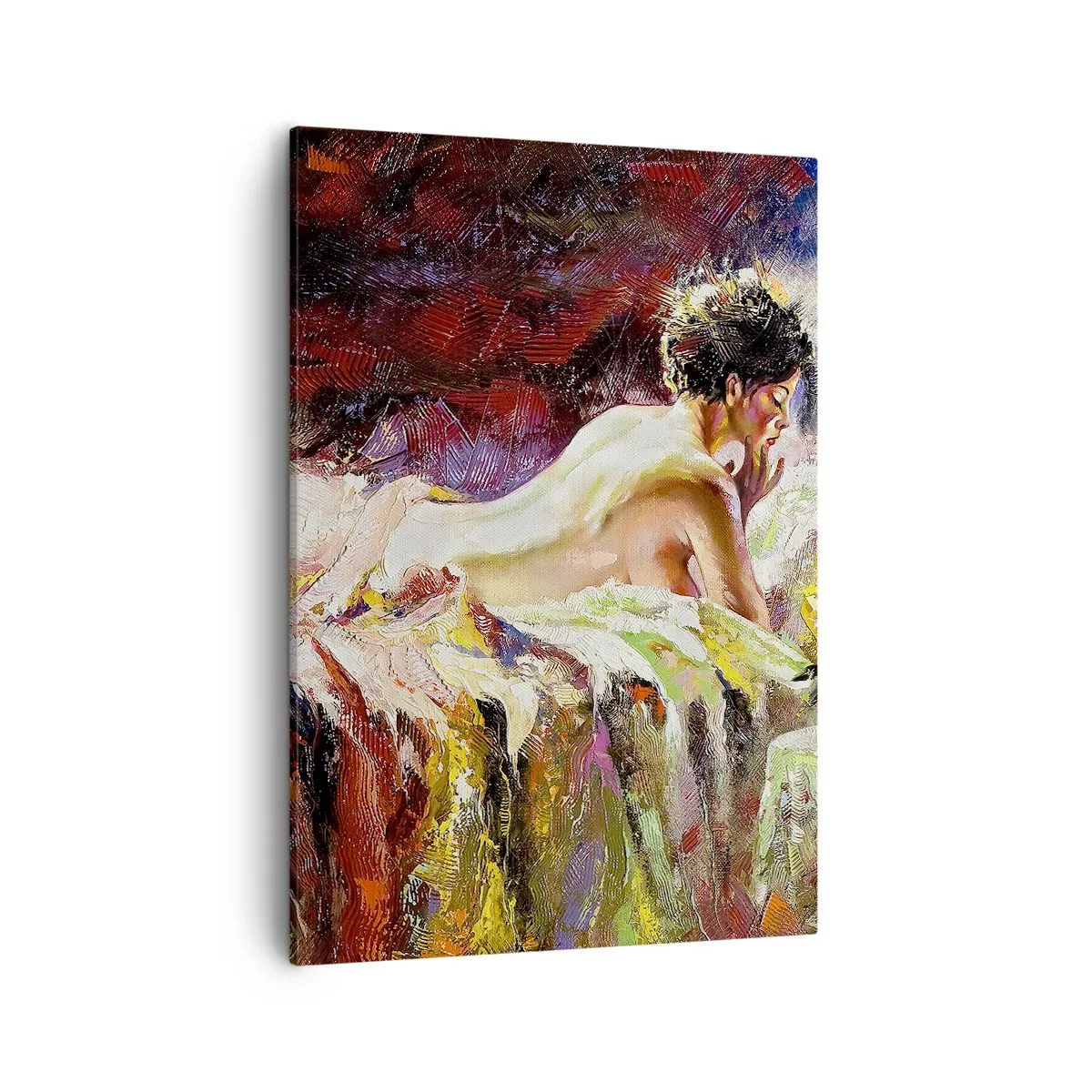 Bild auf Leinwand - Leinwandbild - Eine Frau liegt auf einem Bett vor einem Hintergrund aus abstrakten Farben. - 50x70cm - Venus in Gedanken - Moderne Wanddekoration für Wohnzimmer und Schlafzimmer ARTTOR