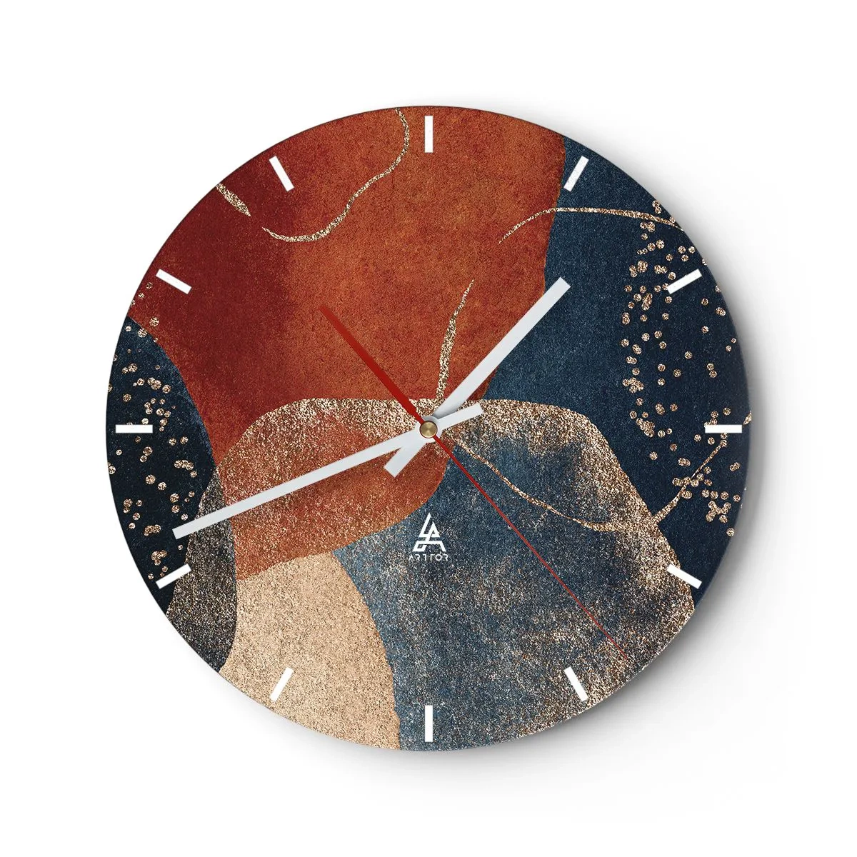 Wanduhr - Glasuhr - Bunte abstrakte Formen in Gold und Marineblau - 30x30cm - Die Leichtigkeit des Seins - Moderne Wanddekoration für Wohnzimmer, Küche und Schlafzimmer ARTTOR