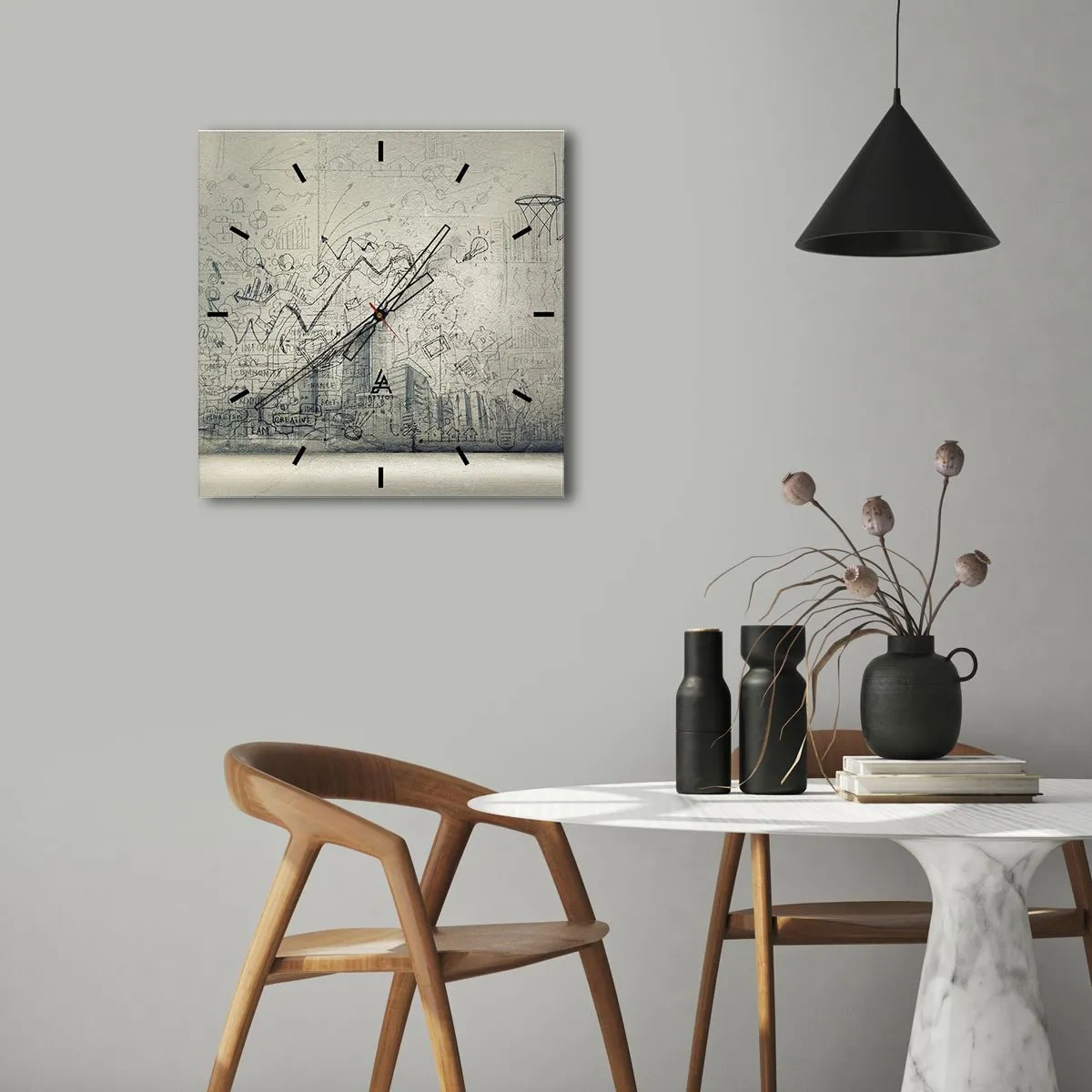 Wanduhr - Glasuhr - Zeichnungen und Diagramme vor dem Hintergrund einer rohen Wand - 30x30cm - Mein tolles Stadtleben - Moderne Wanddekoration für Wohnzimmer und Schlafzimmer ARTTOR