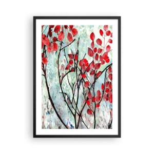 Poster in einem schwarzem Rahmen - Rote Blätter auf einem abstrakten Texturhintergrund - 50x70cm - Baum in Scharlachrot - Moderne Wanddekoration für Wohnzimmer und Schlafzimmer ARTTOR