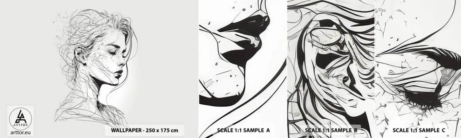 Fototapeten Muster Selbstklebend Deluxe Sticker - Porträt im Gedanken - Frau, Porträt, Linie - 100x30 cm