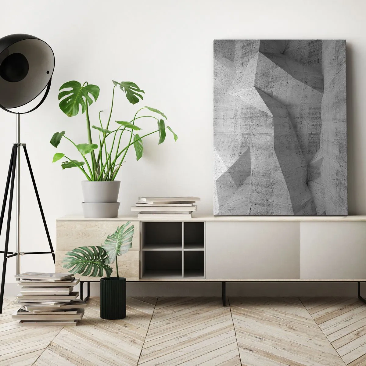 Bild auf Leinwand - Leinwandbild - Geometrische Betonformen in Grau - 70x100cm - Eine echte Herausforderung - Moderne Wanddekoration für Wohnzimmer und Schlafzimmer ARTTOR