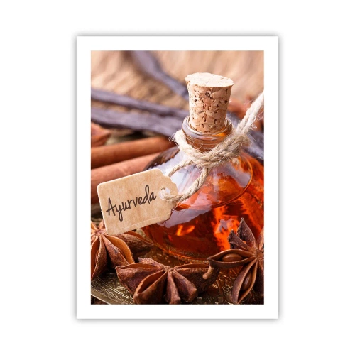 Poster - Eine Flasche ayurvedisches Öl und Gewürze - 50x70cm - Zur Einheit von Körper und Geist - Moderne Wanddekoration für Wohnzimmer und Schlafzimmer ARTTOR