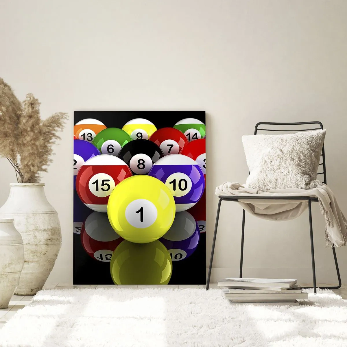 Glasbild - Bild auf glas - Bunte Billardkugeln auf schwarzem Hintergrund angeordnet - 50x70cm - Verschiedene Spielfarben - Moderne Wanddekoration für Wohnzimmer und Schlafzimmer ARTTOR