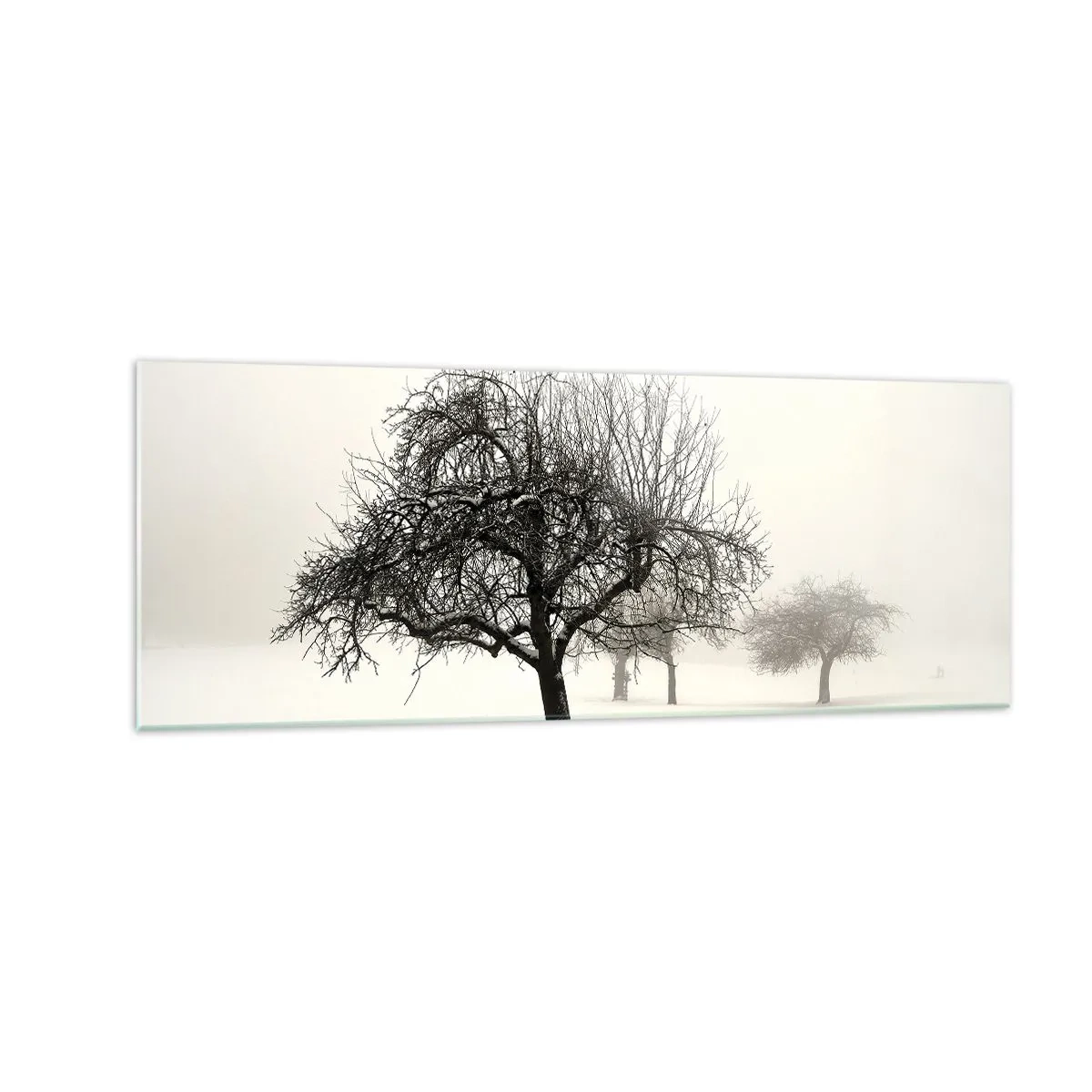 Glasbild - Bild auf glas - Bäume auf einem schneebedeckten Feld, umgeben von Nebel - 140x50cm - Winterschlaf - Moderne Wanddekoration für Wohnzimmer und Schlafzimmer ARTTOR